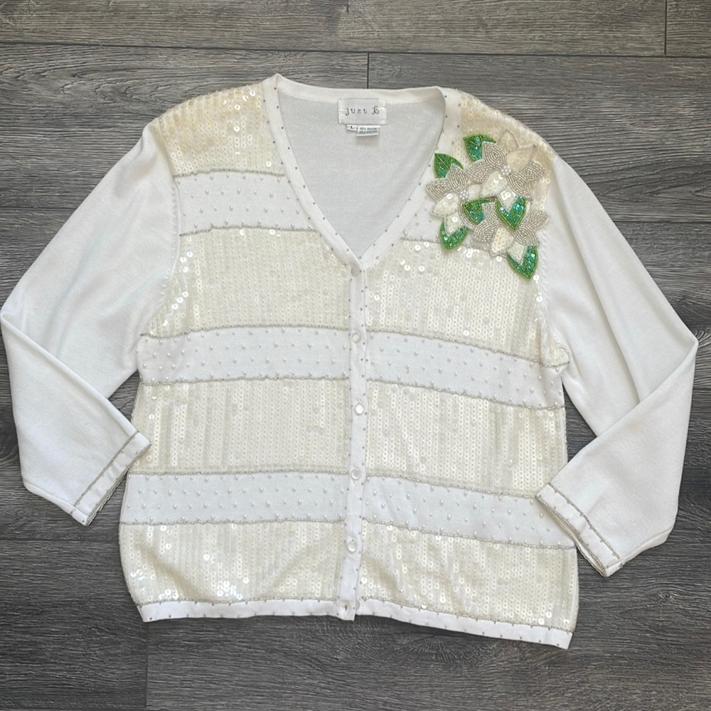 Just B | Vintage VTG Sequined Beaded Poinsettia Christmas Holiday Cardigan Large